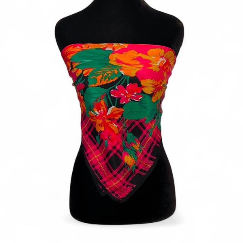 Silk Multicolor Floral and Plaid Scarf